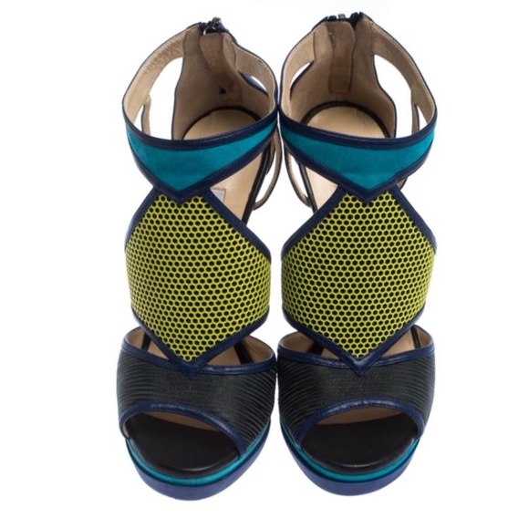 Jimmy Choo Tricolor Leather and Suede Honeycomb Lythe Platform Sandals Size 36.5 - Picture 3 of 5